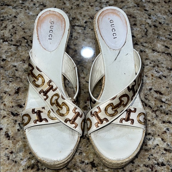 Gucci Criss Cross Horsebit Print Wedges - Picture 1 of 16